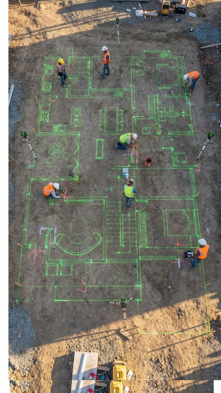 Construction site layout marked out with survey equipment